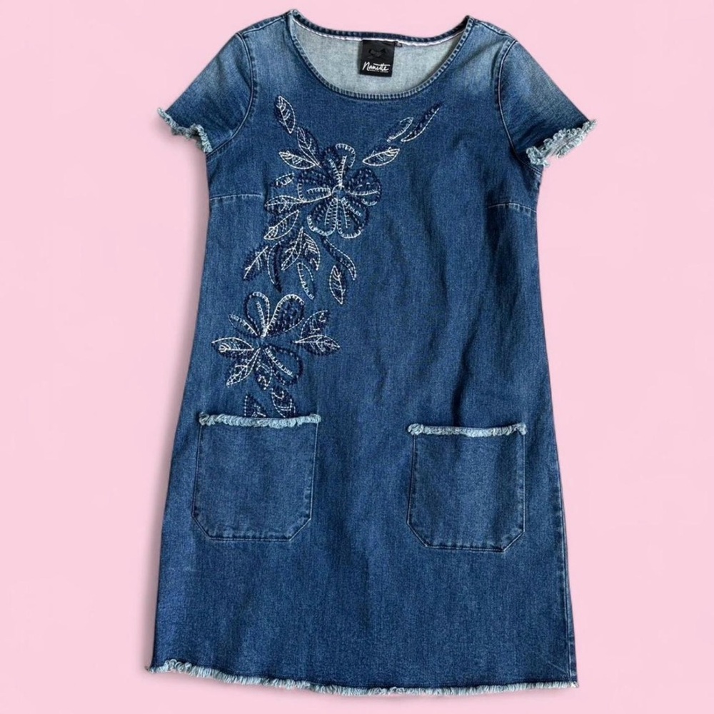 Nanette Lepore Boho Denim Embroidered Shift Dress Size S